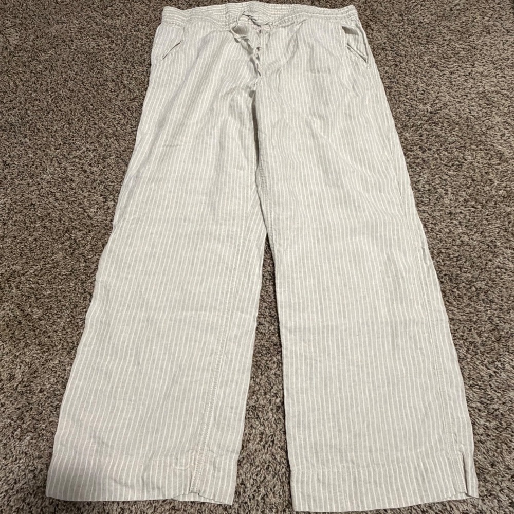LL Bean Women 18 Beige White Striped 100% Linen Wide Leg Drawstring Pants 507342
